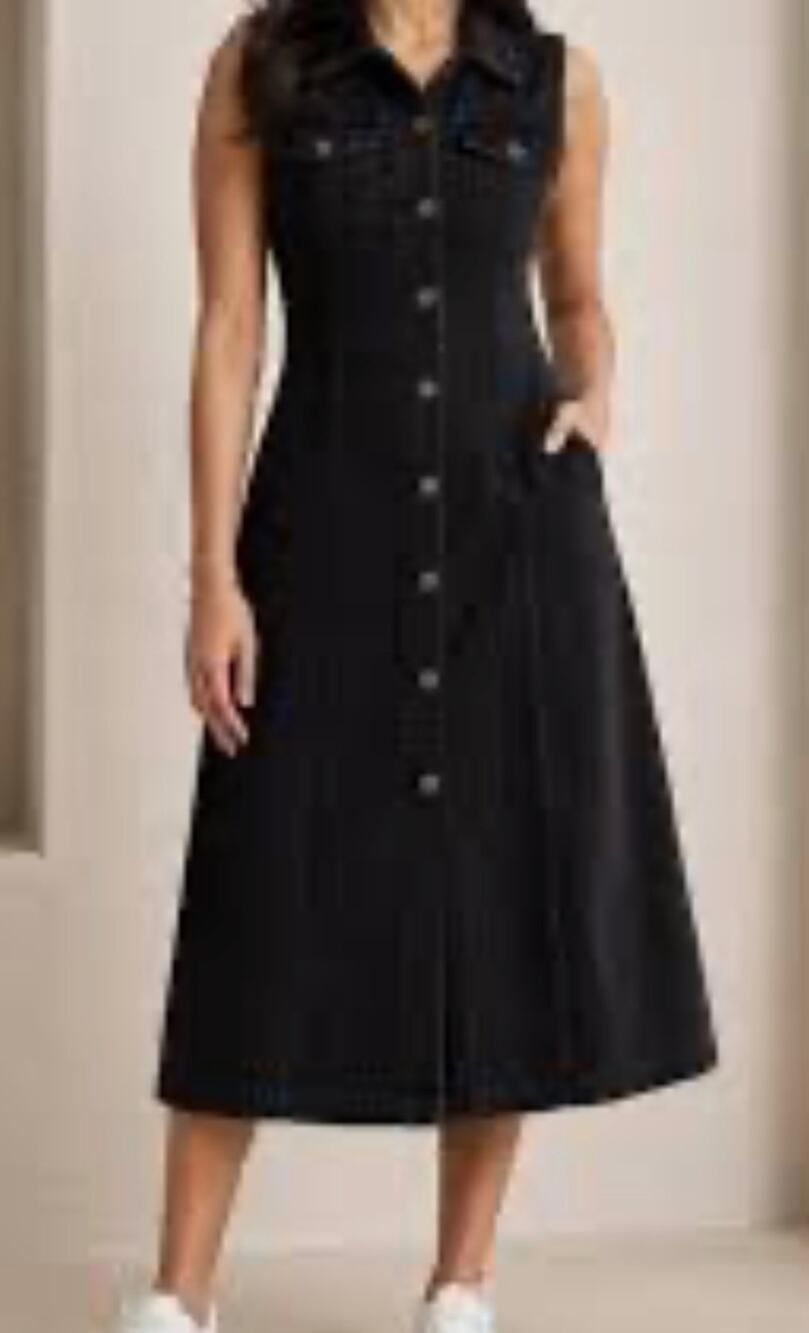 women’s denim jeans, black midi dress button up sleeveless fit & flare size L